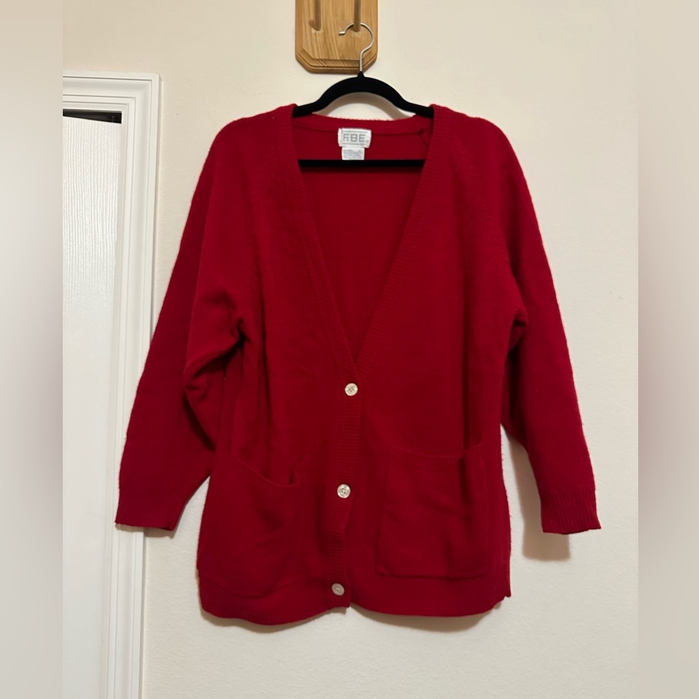 Vtg FABE Lambs Wool Red Cardigan 3/4 Sleeves Dark Academia Preppy Sz L Old Money
